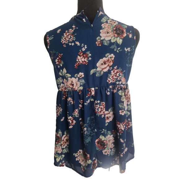Liberty Love babydoll Floral Sleeveless Top Womens Medium Blue & Pink Rayon Blen - Picture 8 of 8